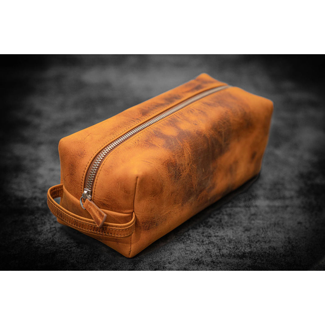 HMZ Premium Leather Toiletry Bag, Full-Grain Leather Travel Organizer